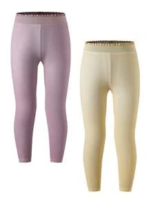 2pcs Tween Girl Plain Color Ribbed Waist Trim Long Leggings Set - Multicolor - View 4