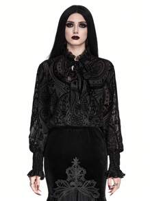 ROMWE Goth 哥特式吸血鬼宫廷风格中性款植绒透明女式衬衫 - 黑色 - 查看 5