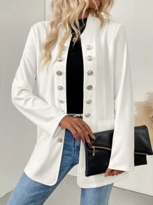 SHEIN Clasi Women's Cinched Waist Long Sleeve Jacket With Metal Button Decor - White - View 3