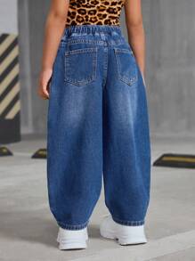 SHEIN 年轻女孩 Y2K 宽松蓝色牛仔阔腿裤，街头时尚酷炫薄款牛仔裤 - 深色水洗藍 - 查看 7