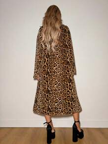 SHEIN ICON Large Lapel Leopard Print Fluffy Long Coat - Khaki - View 2