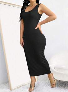 SHEIN Clasi Đầm Maxi Dài Ôm Vừa Vặn Mùa Hè Màu Trơn Cho Nữ Size Lớn Trang Phục Nữ - màu đen - Xem 1