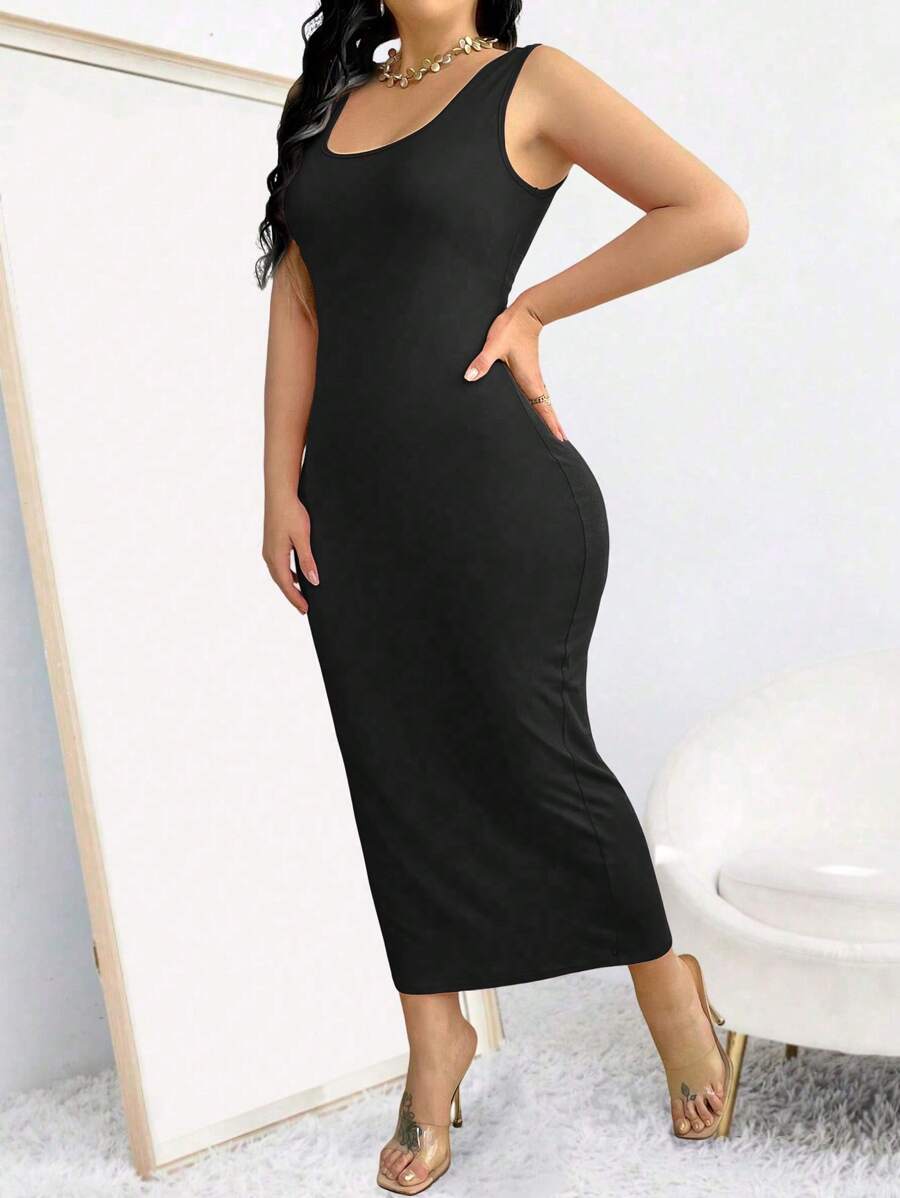 SHEIN Clasi Đầm Maxi Dài Ôm Vừa Vặn Mùa Hè Màu Trơn Cho Nữ Size Lớn Trang Phục Nữ - màu đen - Xem 1