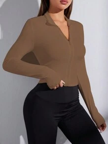 SHEIN Sports Solid Color Front Zipper Long Sleeve Casual Sports Jacket - Coffee Brown - View 5