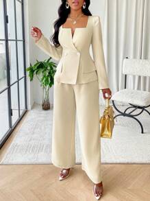 SOLERSUN Solid Color Square Neck Double Breasted Flap Detail Blazer Fall Cloth For Women - Beige - View 4