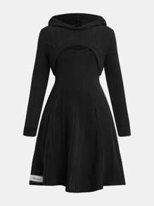 Tween Girls Back To School Outfit, Fashion Casual Fleece Knit Hooded Long Sleeve 2 In 1 Sweatshirt Dress, Autumn - Black - View 7