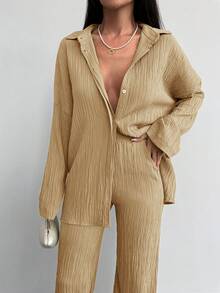 SHEIN Cottnline 2件/套純色單排扣t卹長褲套裝 - 米色 - 查看 5