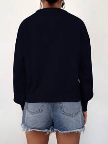 SHEIN Cottnline Women's Drop Shoulder Round Neck Sweater - Navy Blue - View 2