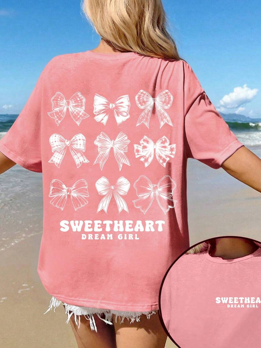 SHEIN EZwear 大码休闲简约蝴蝶印花圆领短袖 T 恤，大码女式夏季图案 T 恤 - 藕粉色 - 查看 1