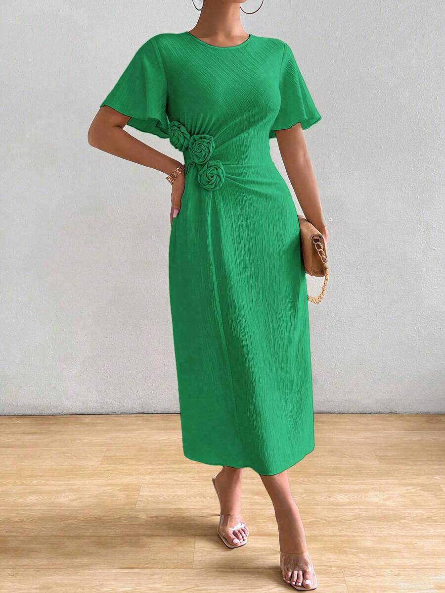 Chiquease Random Flower Pattern Solid Color Round Neck Short Sleeve Summer Casual Dress Maxi Women Outfit - Green - View 1