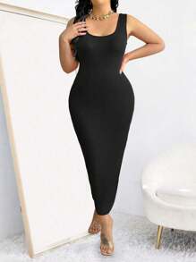 SHEIN Clasi Đầm Maxi Dài Ôm Vừa Vặn Mùa Hè Màu Trơn Cho Nữ Size Lớn Trang Phục Nữ - màu đen - Xem 5