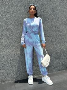 SHEIN Essnce Women's 2pcs Women's Tie Dye Crew Neck Long Sleeve Top And Pants Casual Set Street-Style Tie Dye Knit Crew Neck Long Sleeve Sweatshirt & Long Pants Sibling/Matching Outfits (Sold Separately) - Multicolor - View 6