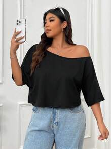 CovetEZ Plus Size Basic Loose Fit Dropped Shoulder Short Black Tee - Black - View 3