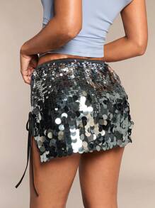 SHEIN BAE Váy mini sequin xẻ tà gợi cảm cho nữ, váy cocktail ngắn - màu đen - Xem 2