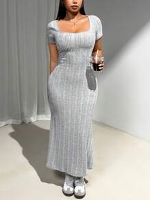 SHEIN EZwear Plus Size Women Grey Ribbed Short Sleeve Knit Dress - Grey - View 6