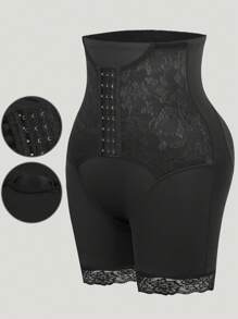 1pc Women Solid Color Lace Patchwork Slimming Shorts - Black - View 3
