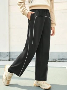 SHEIN Pantaloni neri con design a blocchi di colore, vestibilità morbida, adatti per ragazze pre-adolescenti per sport all aperto, escursioni, campeggio e uso casual in città, alla moda