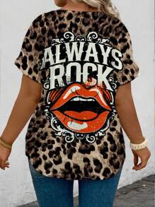 EMERY ROSE Women's Rock Leopard Lips Print Short Sleeve V-Neck T-Shirt Plus Size, Always Rock Graphic, Suitable For Summer - White - View 2