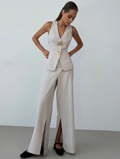 Aloruh 2 件套女士秋冬休闲商务办公套装 - 无袖上衣和裤子套装