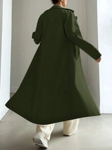 EURMUSE 女士純色羊毛大衣，雙排扣翻領設計 - 卡其色 - 查看 2