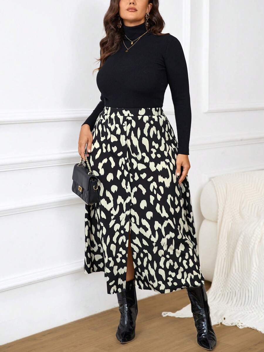 SHEIN Frenchy Casual Leopard Print Long Loose Bridgerton Style Plus Size A-Line Skirt - Multicolor - View 1