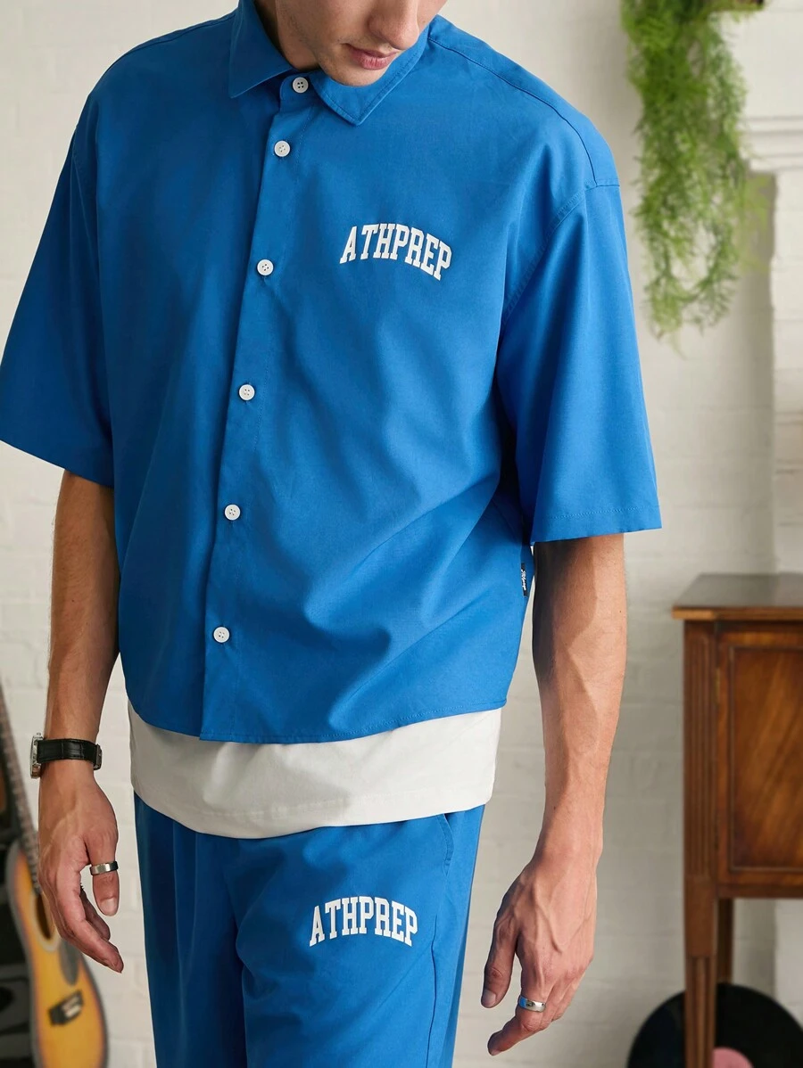 Manfinity NXTstreet Men's Simple Printed Short Sleeve Shirt And Shorts Set,Boxy Fit - Blue - View 1
