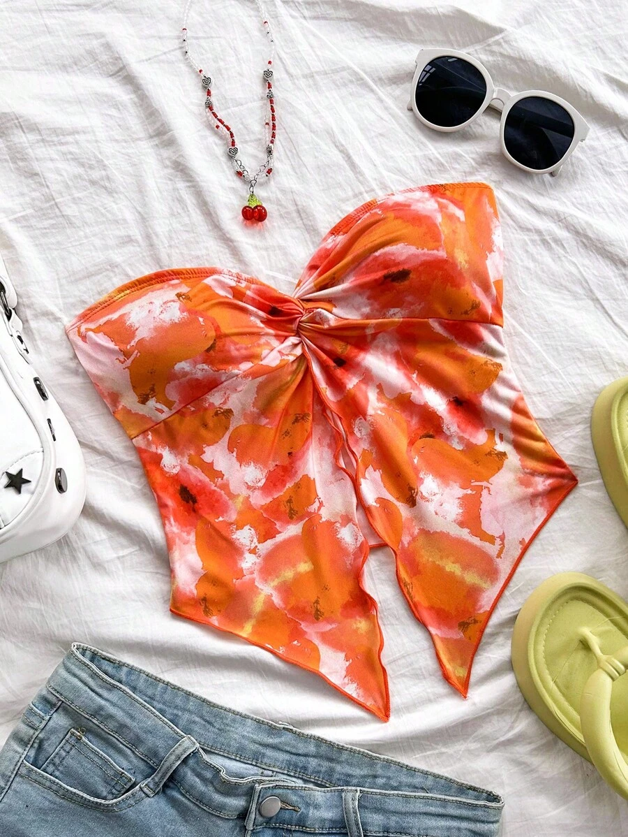 Soleia Women's Vacation Red Tie-Dye Abstract Floral Halter Front Slit Chiffon Comfortable Top, Afternoon Tea And Graduation - Multicolor - View 1