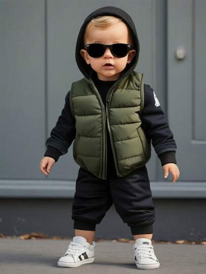 1 件男婴纯色无袖拉链前背心夹克 - 这款温暖舒适的背心适合男婴在秋季、春季和冬季穿着。这款多功能耐用的夹克适合男婴日常生活中的各种场合。