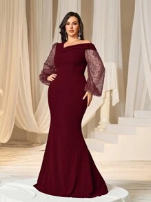 Faeriesty Curve Elegant Plus-Size Off-The-Shoulder Formal Evening Dress With Dramatic Lantern Sleeves And Flattering Mermaid Silhouette For Sophisticated Black-Tie Galas, Formal Weddings, Charity Balls, Corporate Award Dinners, And High-End Social Club Events. - Burgundy - View 5