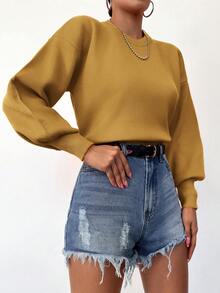 SHEIN Cottnline Suéter De Mujer Con Cuello Redondo Y Hombros Caídos - Mostaza Amarilla - Ver 4