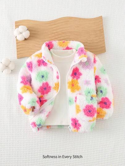 Cozy Pixies Baby Girl Colorful Flower Pattern Stand Collar Long Sleeve Fleece Cardigan,In Fall/Winter