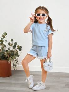 SHEIN Young Girl Comfortable Casual Lace Trimmed Short-Sleeved T-Shirt And Shorts Set - Blue - View 10