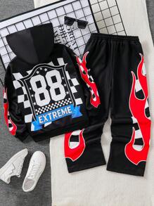 2 件套 Tween 男童印花连帽衫和裤子套装 - 黑色 - 查看 1