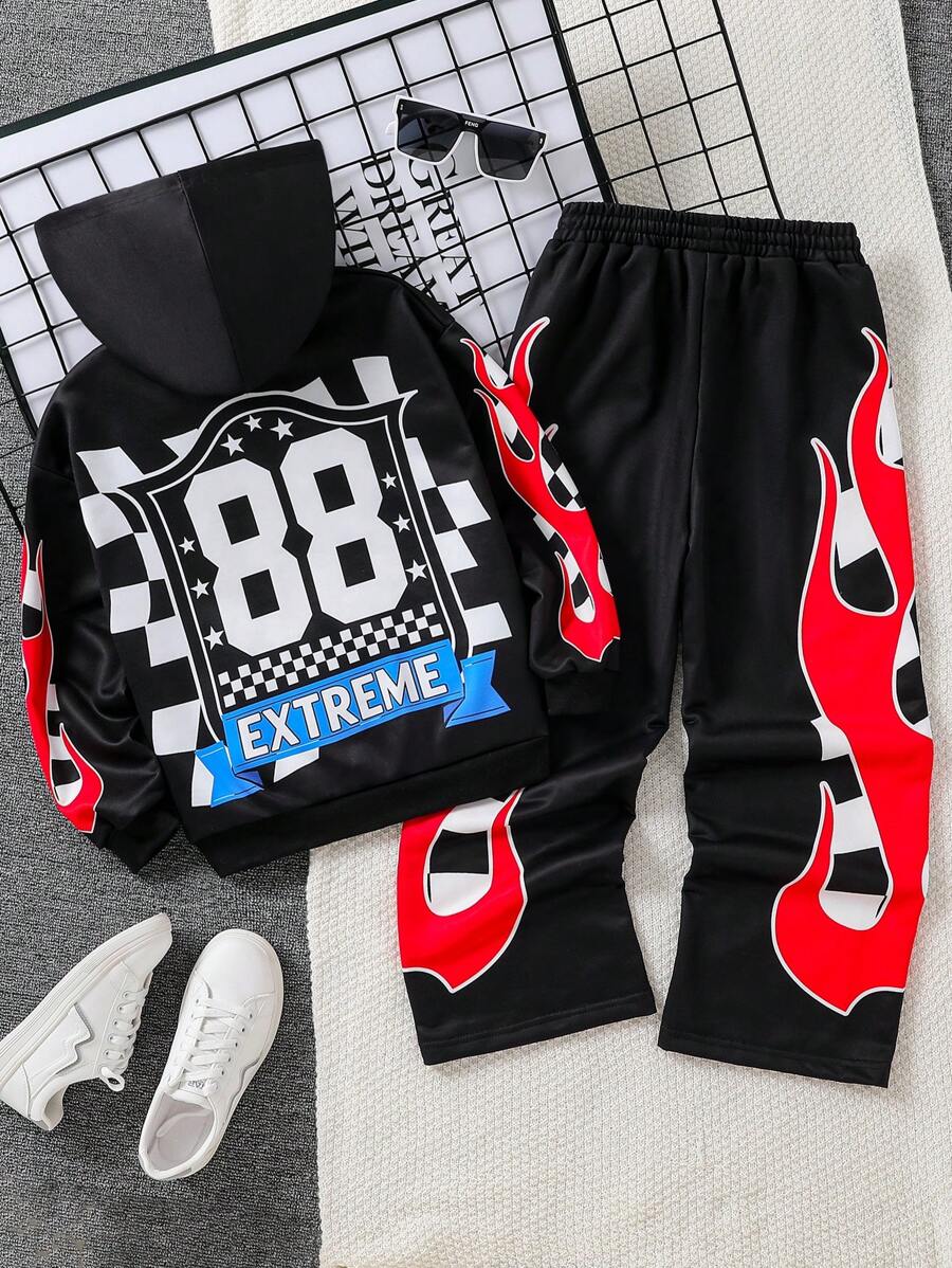 2 件套 Tween 男童印花连帽衫和裤子套装 - 黑色 - 查看 1