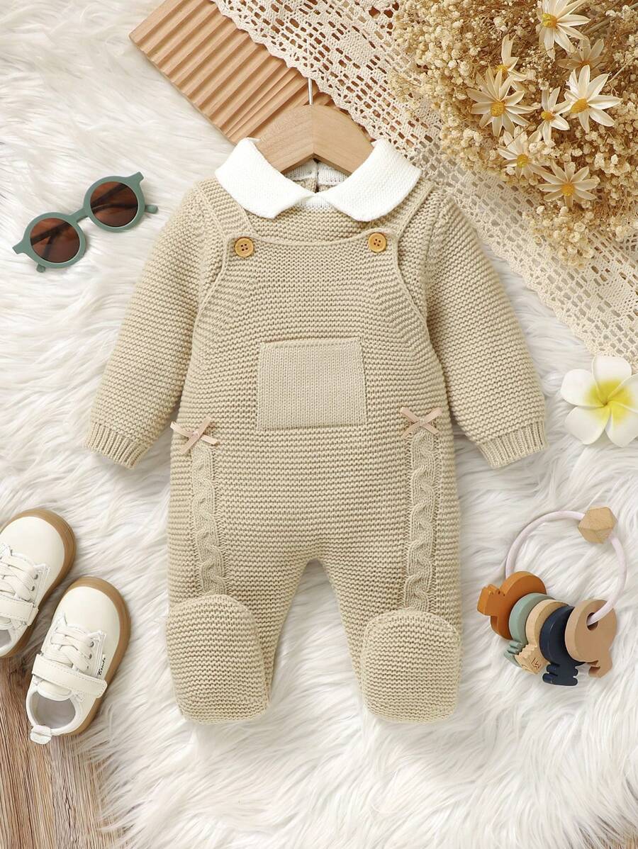SHEIN Baby Mädchen 2er Set eleganter khakifarbener Baby Outfit, Langarm Pullover mit Kragen und Schleifendekor, kombiniert mit bequemen Latzhosen mit Taschen