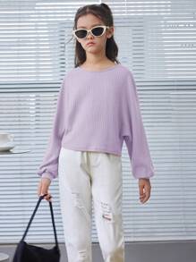 SHEIN Leap Crew Tween Girl Ribbed Loose Retro Cropped Long Sleeve T-Shirt - Mauve Purple - View 4