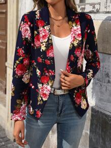 SHEIN Clasi Women's Spring Autumn Floral Print Lapel Long Sleeve Elegant Blazer Jacket - Navy Blue - View 5