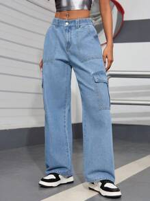 SHEIN PETITE Pantalones vaqueros rectos casuales de moda con botón en la cintura y bolsillos laterales para mujer