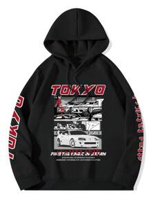 Manfinity EMRG 男士简约印花连帽衫，长袖，黑色，秋季 - 黑色 - 查看 2