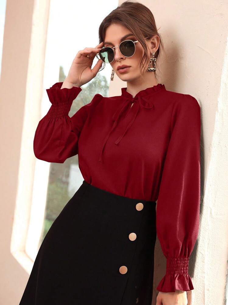 Mulvari 勃艮第红女士休闲纯色荷叶边袖衬衫，春秋装，长袖上衣 - 酒紅色 - 查看 3