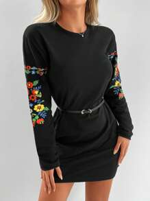 EURMUSE Floral Print Sweatshirt Dress Without Belt - Black - View 3
