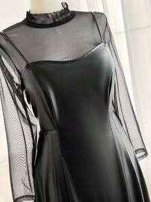 SHEIN Frenchy 大码派对优雅透明立领修身 T 恤和 PU 吊带裙套装