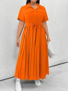 Flirla 大码前扣短袖褶皱连衣裙，休闲日常穿着 - 橘色 - 查看 4