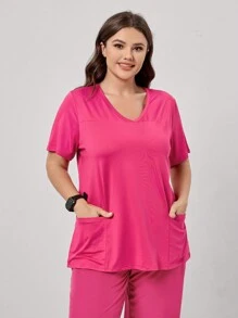 SHEIN TaskFit 加大码弹力针织 V 领双贴袋短袖手术服上衣护理手术服制服上衣 - 玫紅色 - 查看 8