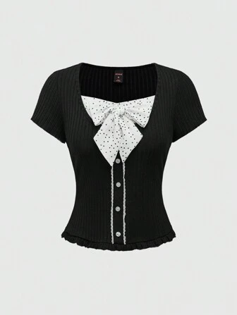 J-Fashion T-shirt femme nœud papillon rétro mignon 2 en 1 style Y2K