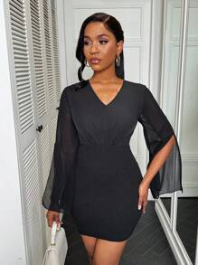 Zolique فستان ضيق بياقة على شكل حرف V أكمام منقسمة لون أحادي للنساء في الربيع والخريف