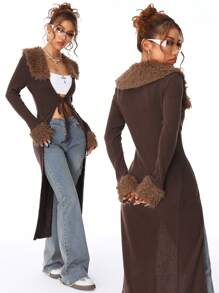 Coolane Y2K Fashion Vintage Rib Knit Flannelette Textured Lace Up Brown Long Cardigans