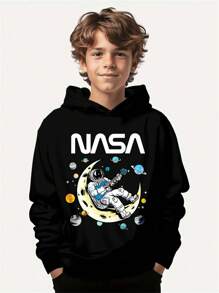 SHEIN Tween Boy Casual Minimalist Astronaut Print Loose Fit Hooded Thick Sweatshirt, Suitable For Autumn/Winter