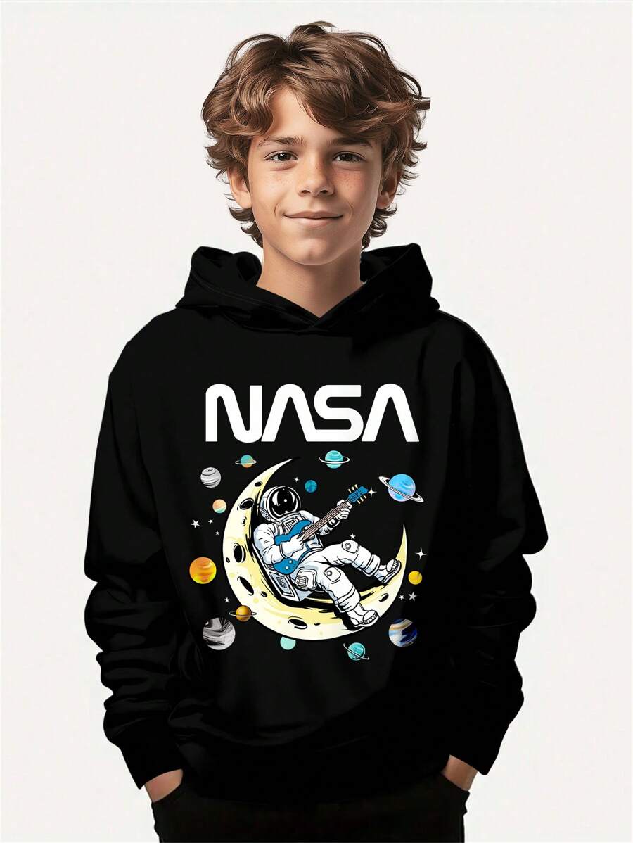 SHEIN Tween Boy Casual Minimalist Astronaut Print Loose Fit Hooded Thick Sweatshirt, Suitable For Autumn/Winter