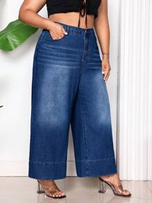 SHEIN CURVE+ Pantalones culotte vaqueros de corte holgado de talla grande, azul